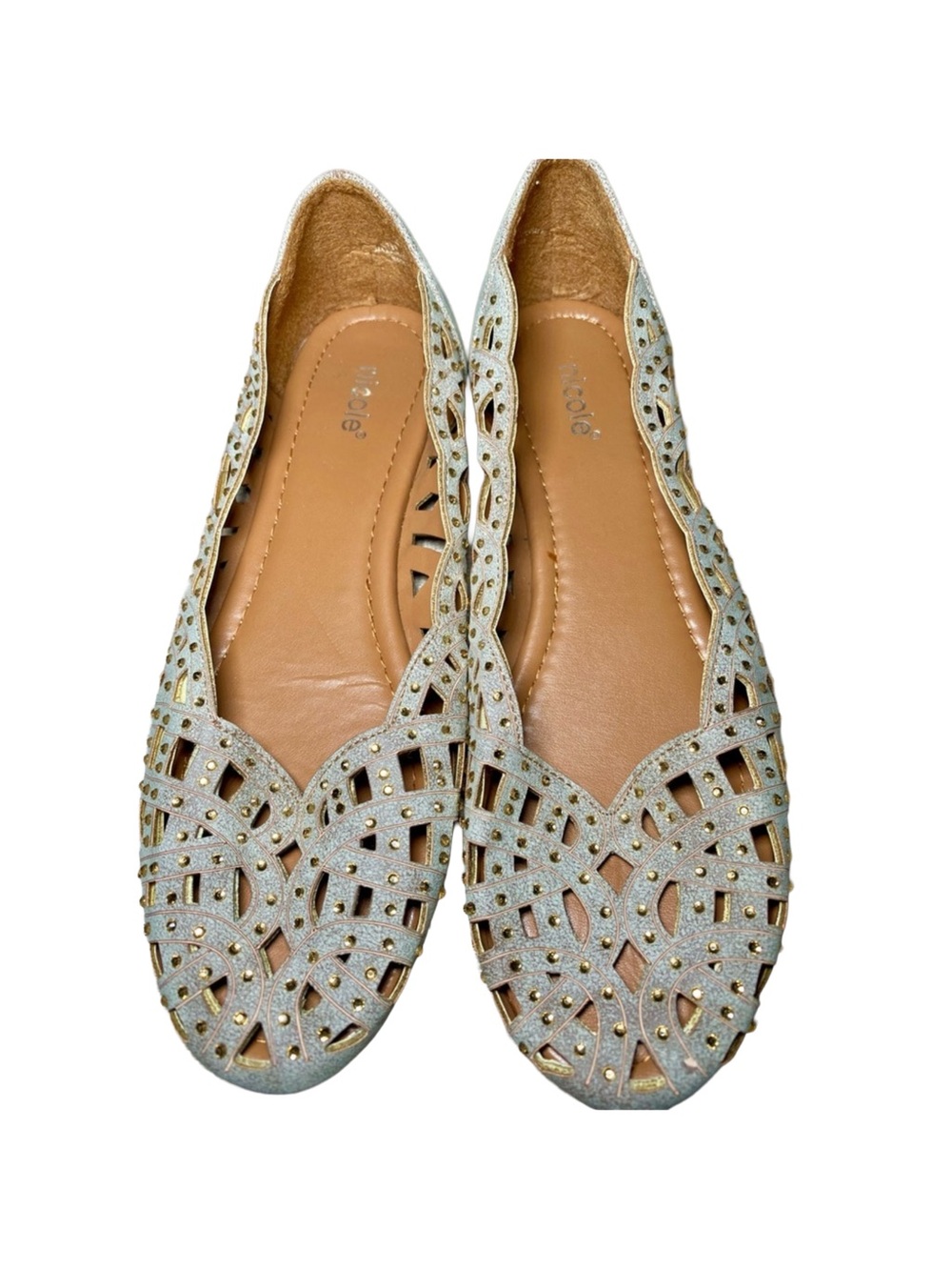 Nicole Women’s Beige Ballerina Gold Lace Studded Flats 7.5